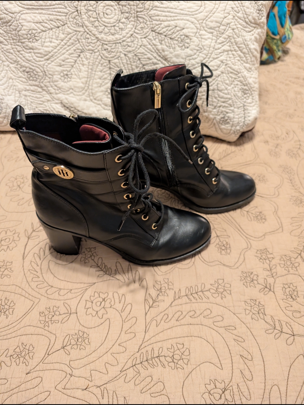 Tommy Hilfiger Black Lace-Up Heel Ankle Boots with Gold Hardware